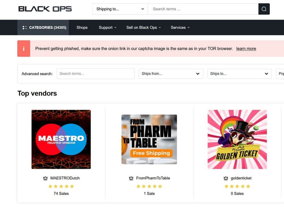 Blackops Onion — interface still for informational overview